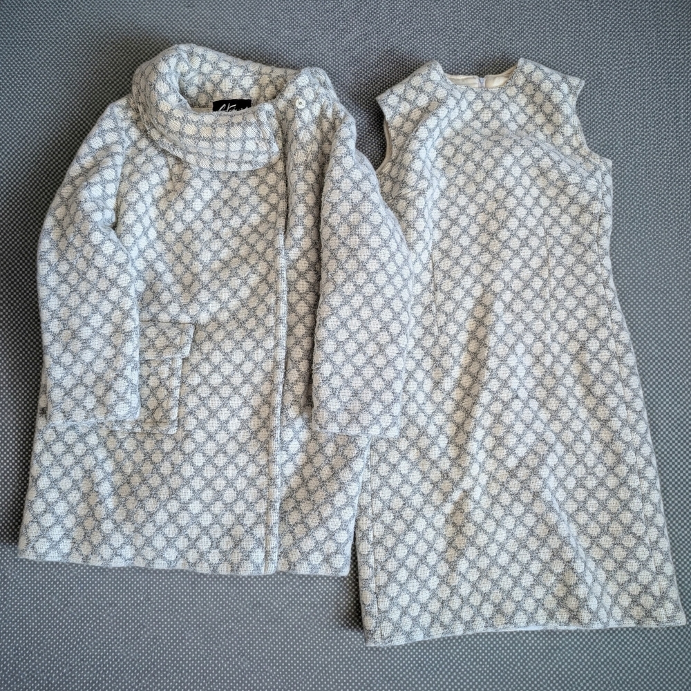 Elegant, Vintage Wool, Light Gray And Beige Patterned Women's Coat and Dress Set